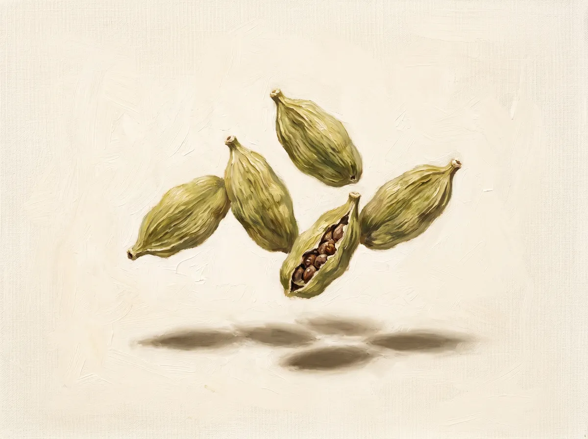 Green cardamom pods, illustrated